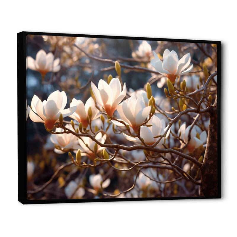 Designart "White Pink Magnolias Landscape V" Magnolias Framed Canvas Wall Art Bed Bath